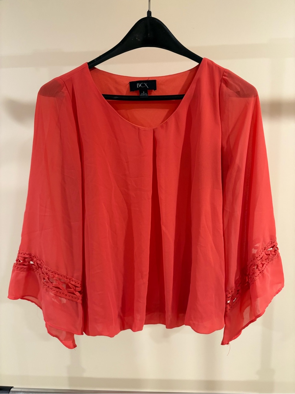 BCX Coral Blouse with Crochet Sleeve Detail